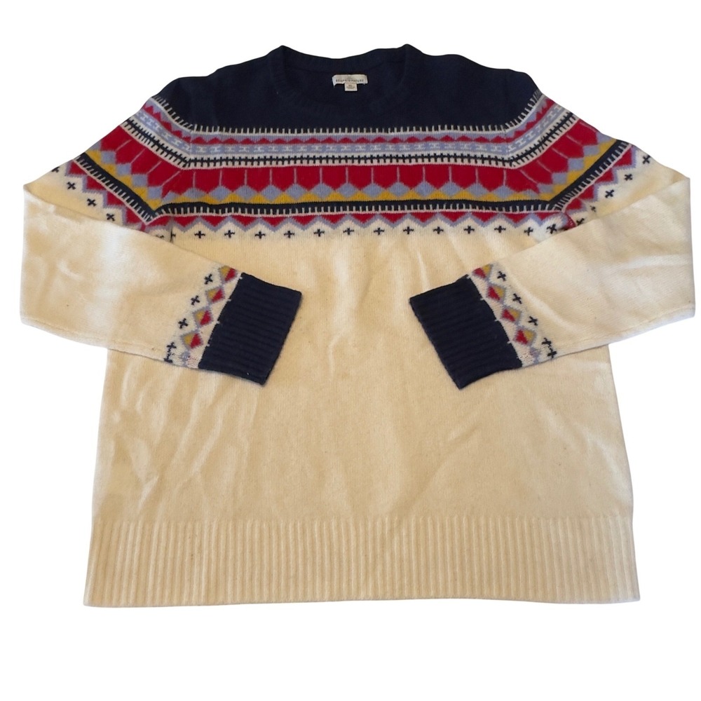 LL Bean Signature Fair Isle Sweater XL Extra Fine Merino Wool Nordic Navy Cream